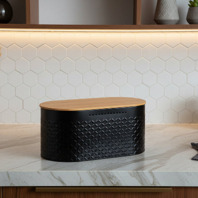 Rangement pain métal noir couvercle en bambou naturel Miebox