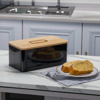 boîte à pain avec planche à découper métal noir Bambread