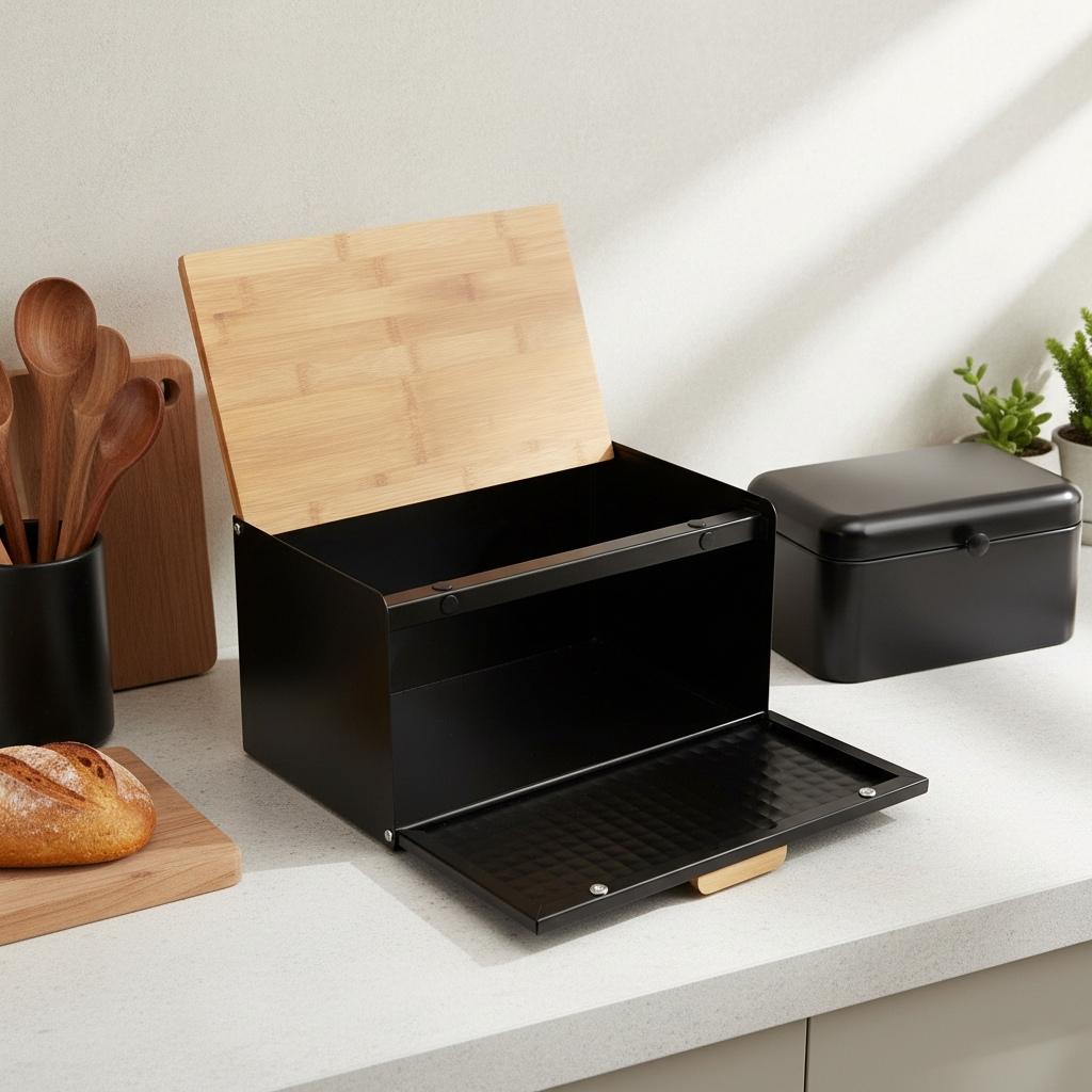 Boite a pain design double ouverture cuisine Ferraboo Noir