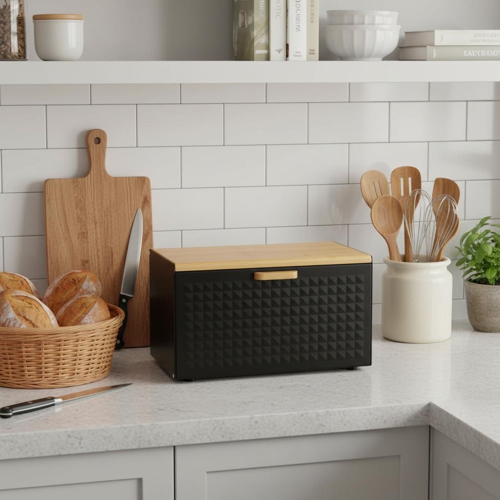 Boite a pain design fer bambou noir sur comptoir FerrabooNoir