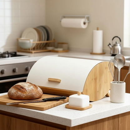 Boite a pain en bois rangement conservation pain Panelys Creme