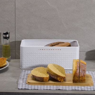 boite a pain en metal blanc avec planche bambou Bambread