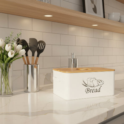 boite a pain metal blanc avec couvercle en bambou Painelia