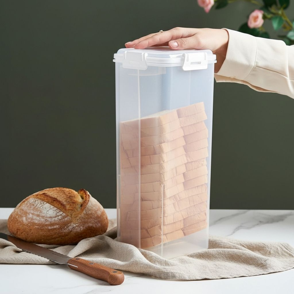 Boite pour pain de mie femme visualisant contenu sans ouvrir
