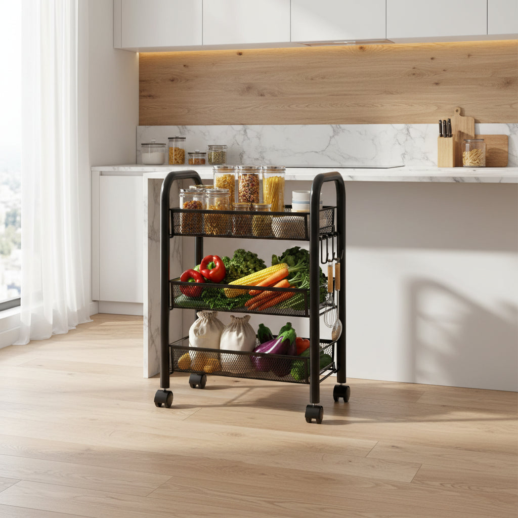 chariots sur roulettes noir 3 étages cuisine compacte Orgenza