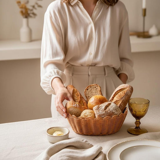 Corbeille à pain osier M femme posant dedant baguette Oselia
