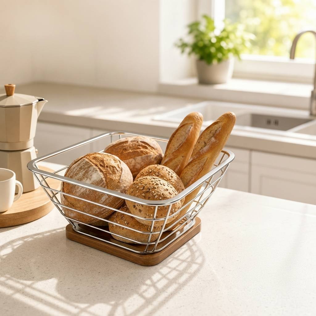 Corbeille pain inox rangement ouvert ventilé fraîcheur préservée Inox Bambou