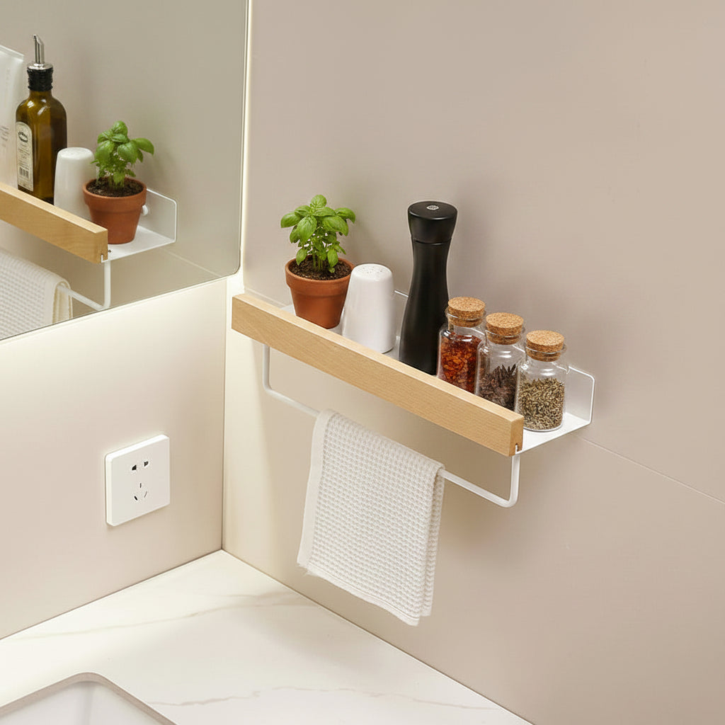 cuisine etagere murale 40cm métal blanc bois avec barre