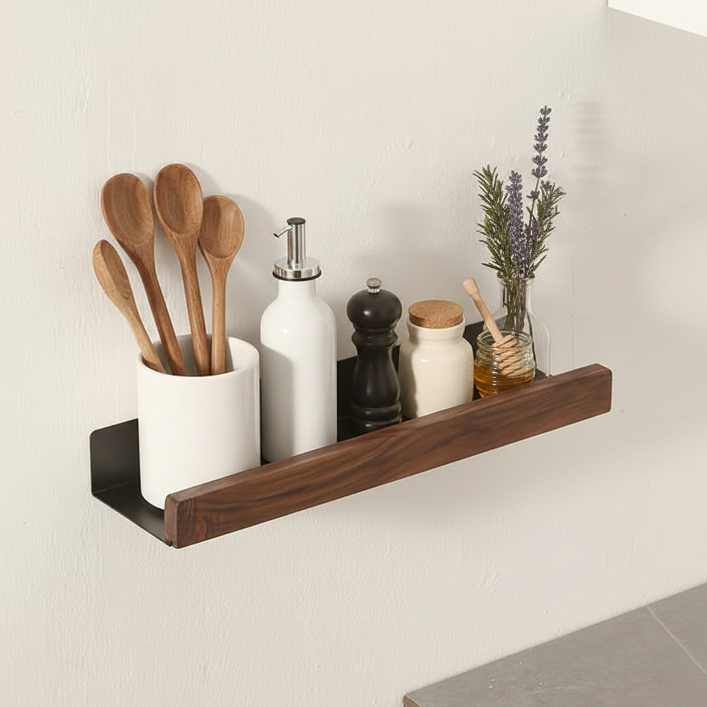 cuisine etagere murale 40cm métal noir bois sans barre