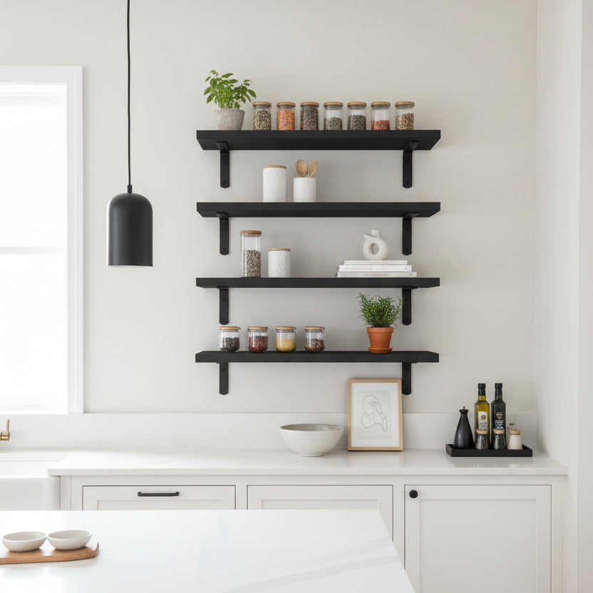 cuisine etagere murale bois naturel rangement decoration chaleureuse AtelierRustik