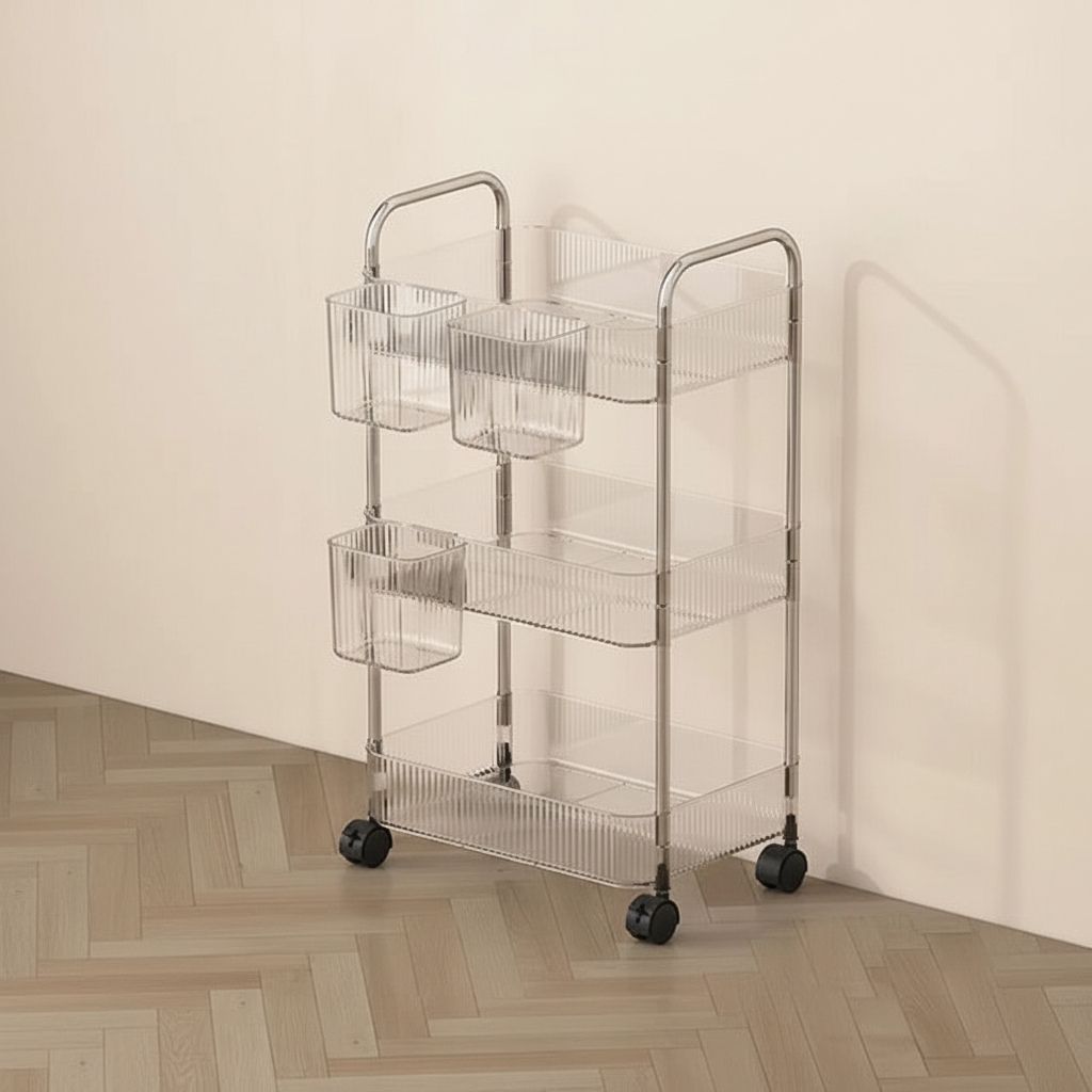 desserte à roulettes 3 étages transparent argent avec tasses Lustra