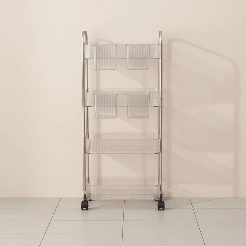 desserte à roulettes 4 étages transparent argent avec tasses Lustra
