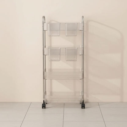 desserte à roulettes 4 étages transparent argent avec tasses Lustra
