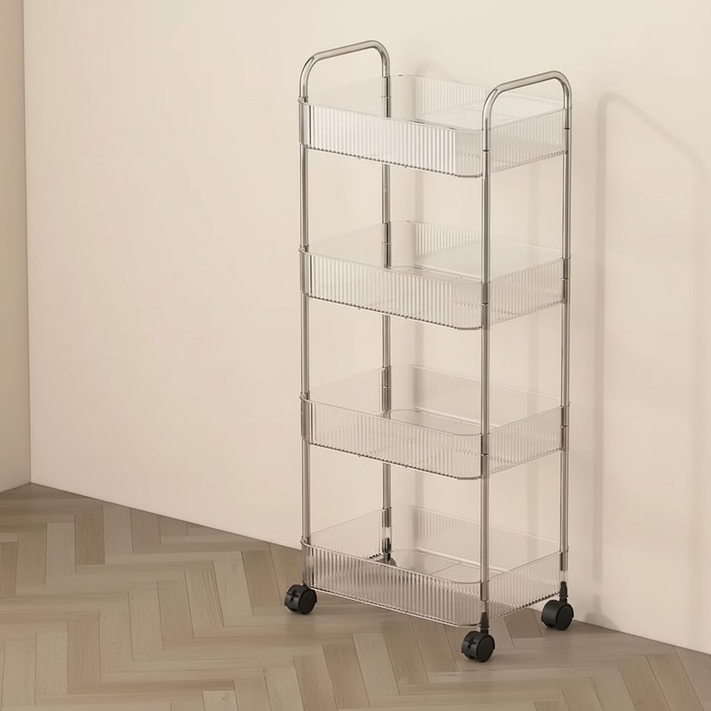 desserte à roulettes 4 étages transparent argent sans tasses Lustra