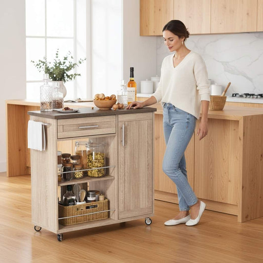 Desserte bois roulée par femme admirant cuisine rangée Mobile Rangement