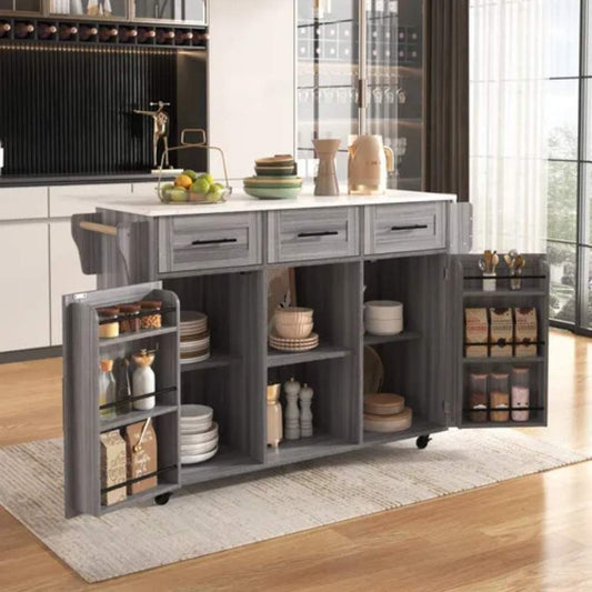 Desserte cuisine bois gris comptoir effet marbre 3 tiroirs compartiments