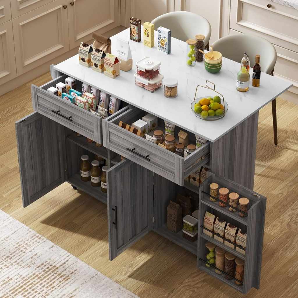 Desserte cuisine grise MDF structure métallique renforcée grande capacite