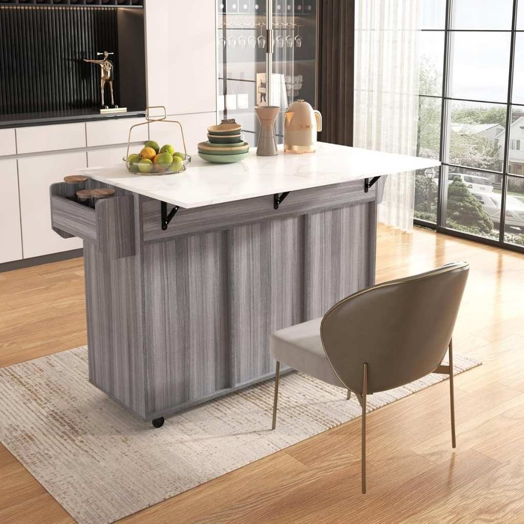 Desserte cuisine grise plateau rabattable ouvert surface travail supplémentaire