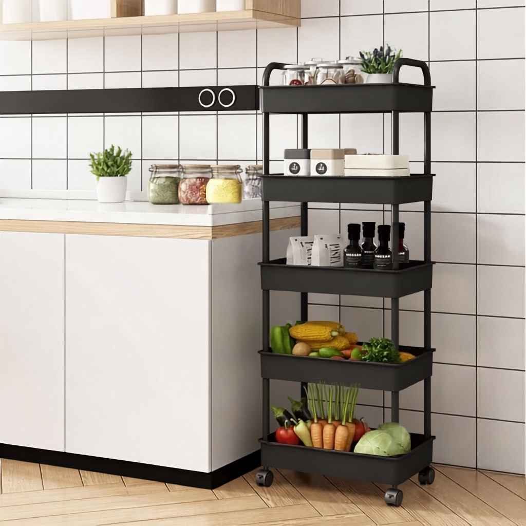desserte sur roulettes noire 5 niveaux très grande capacite Rollix