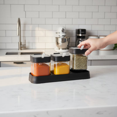 epice rangement 3 contenants verre couvercle acier inoxydable Pratik Spice