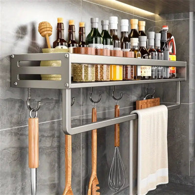 etagere a epice gris avec barre serviette integree crochets ustensiles