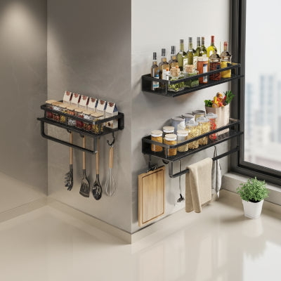 étagère à épices noire multifonction avec sans crochets SpiceRack Noir