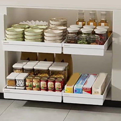 Etagere coulissante acier plastique blanche design minimaliste cuisine moderne WhiteGlide