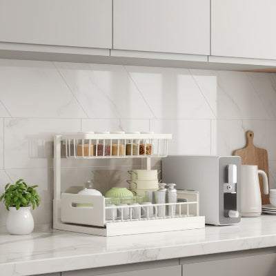 etagere coulissante double niveau robuste en metal blanc Coulisséo