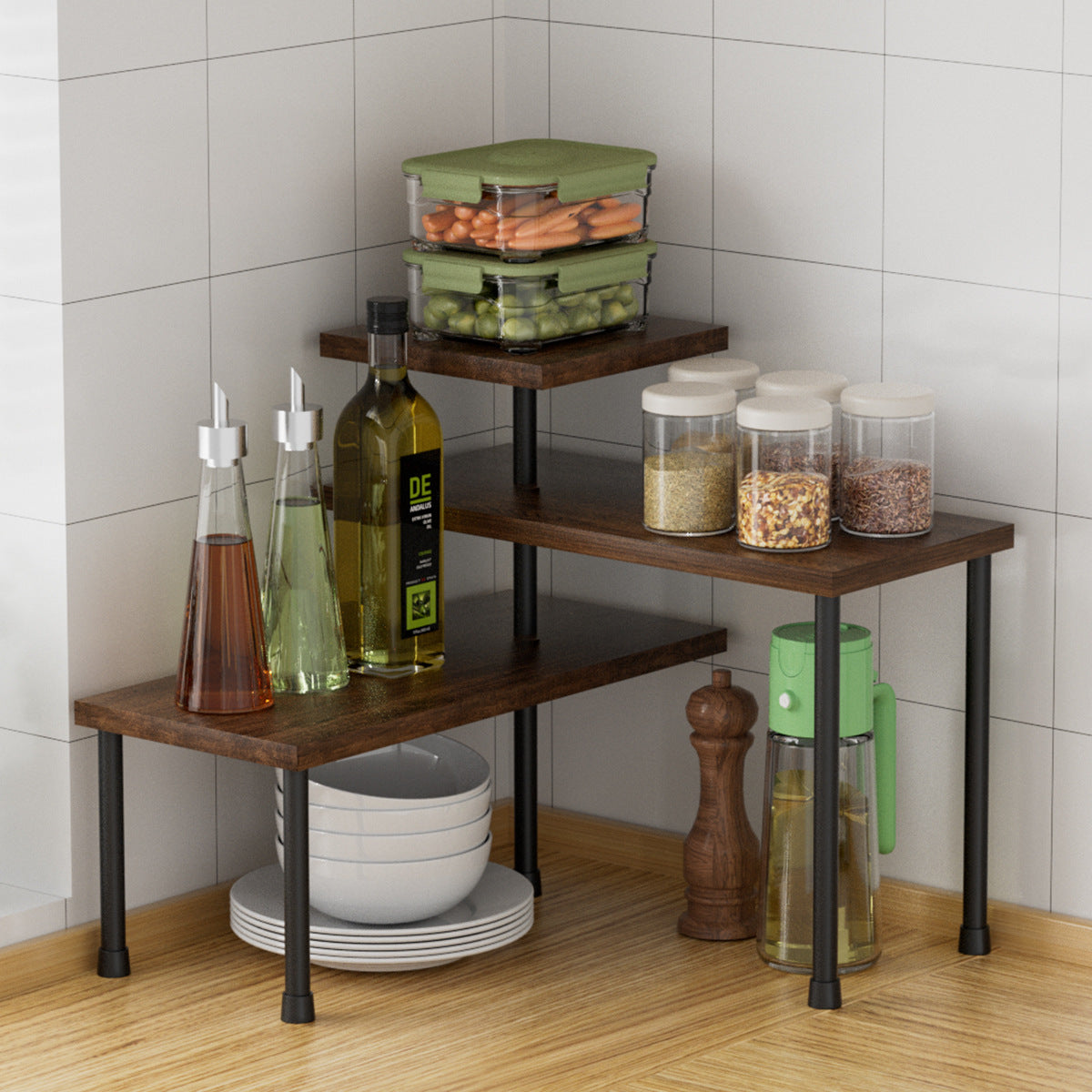 Etagere cuisine bois marron 3 niveaux coin cuisine KitchyTier