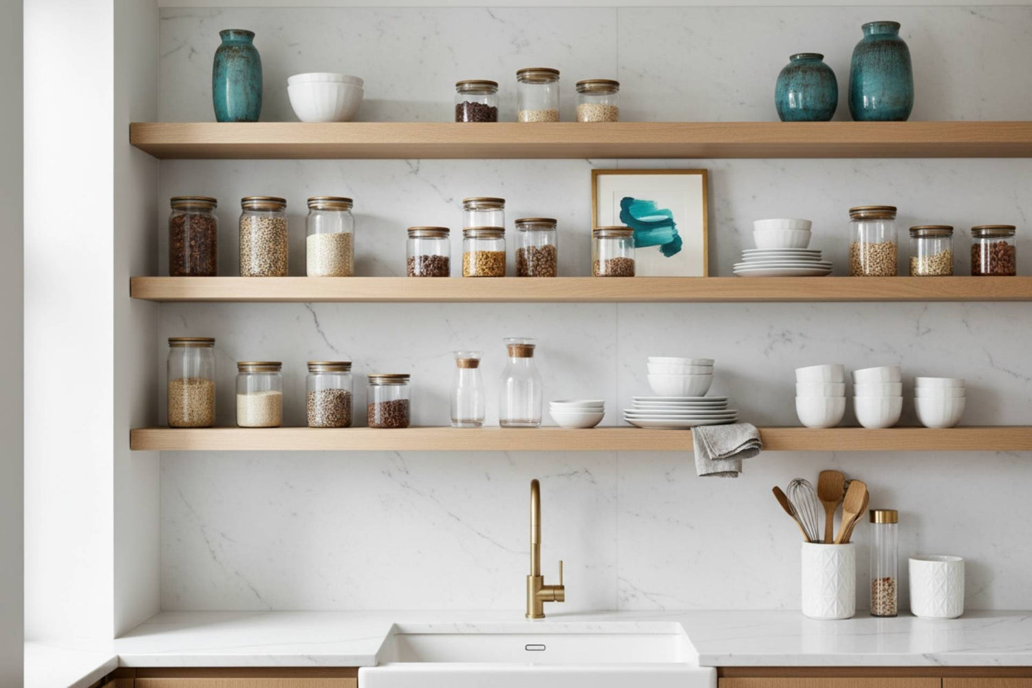 Etagere cuisine ouverte élégante bien rangée harmonieuse