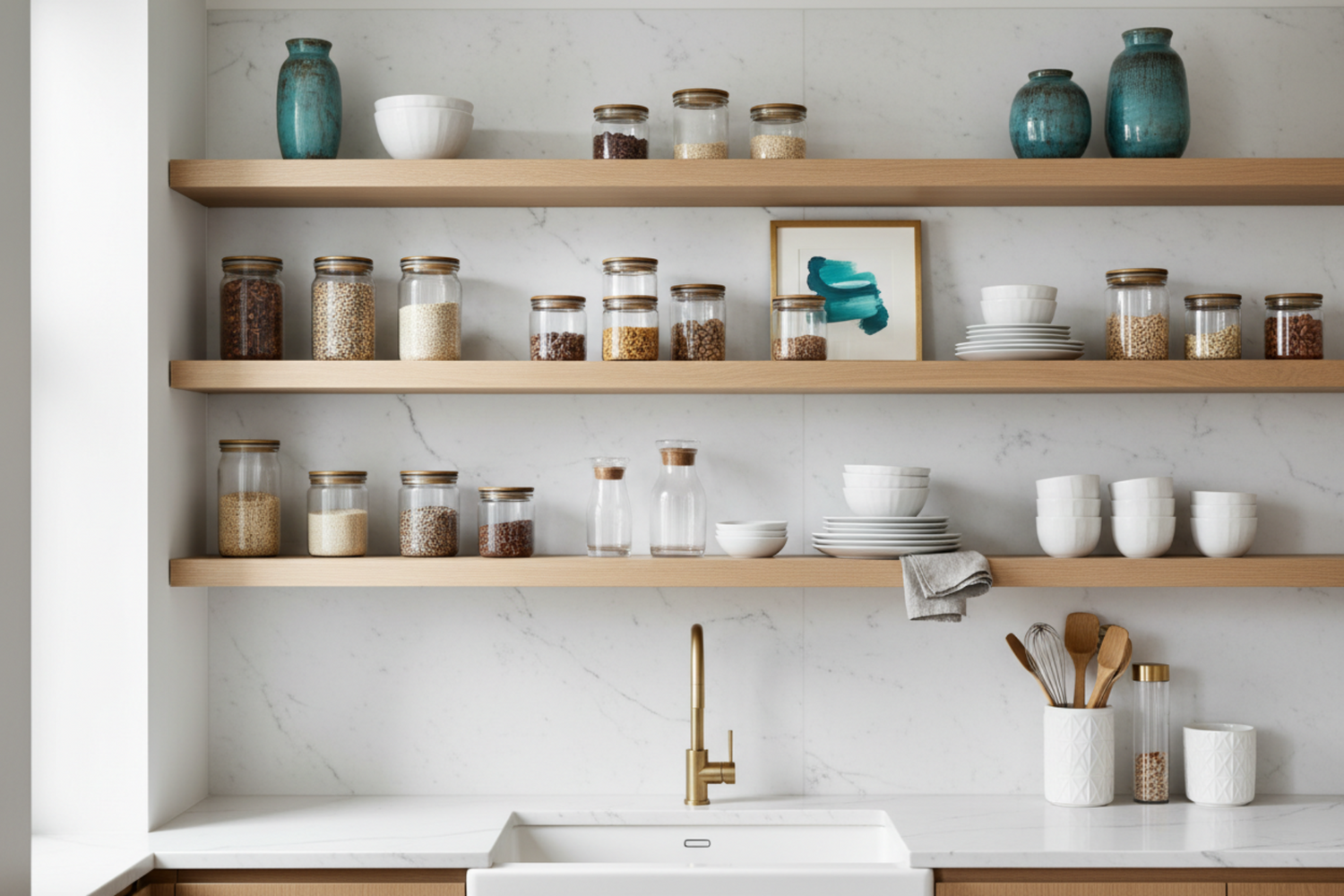 Étagère de cuisine ouverte élégante bien rangée harmonieuse
