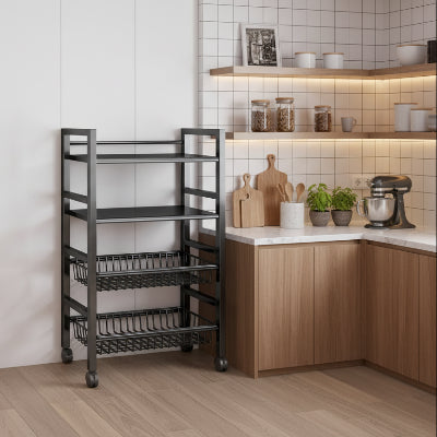 etagere cuisine sur pied quatre niveaux avec deux paniers integres