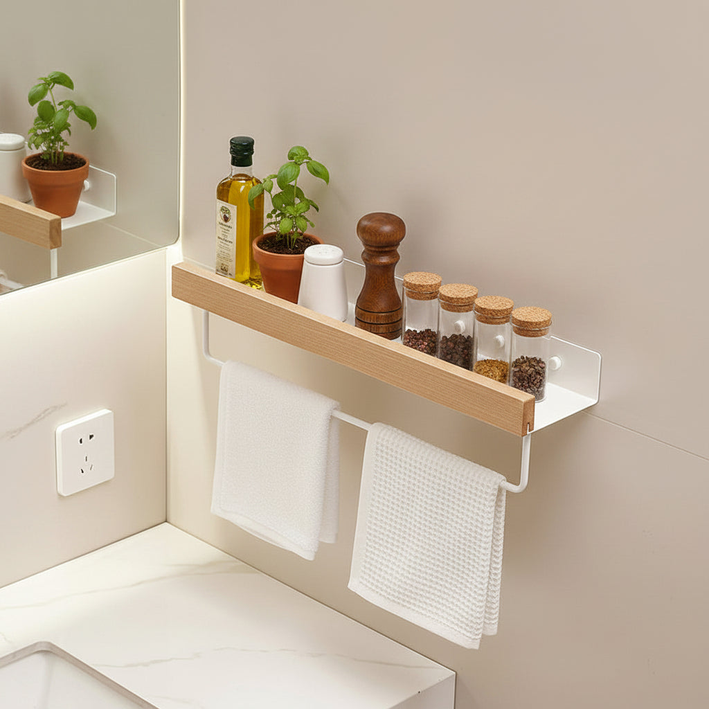 étagère de cuisine murale bois métal blanc avec barre 50cm