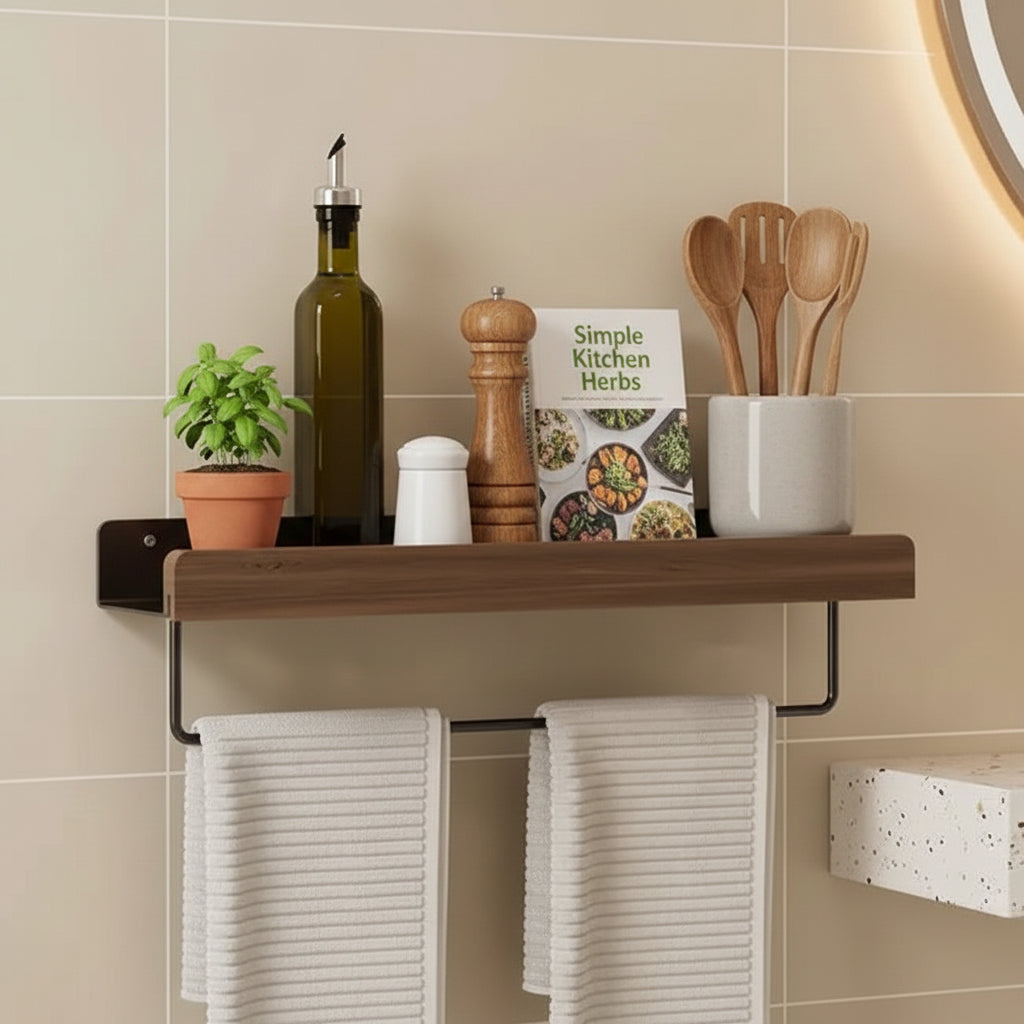 étagère de cuisine murale bois métal noir avec barre 50cm