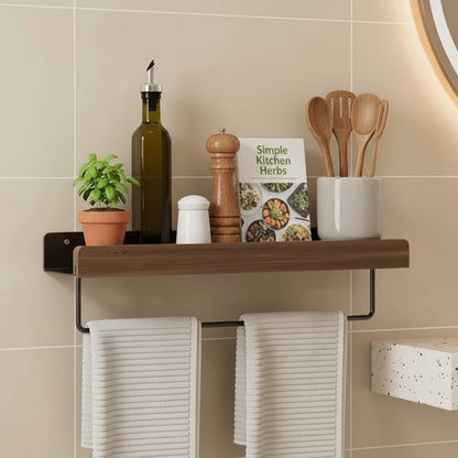étagère de cuisine murale bois métal noir avec barre 50cm