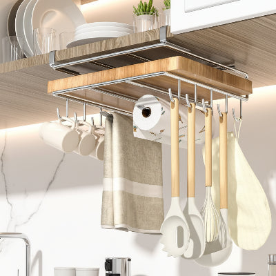 Étagère en inox cuisine suspendue sans perçage avec crochets ustensiles