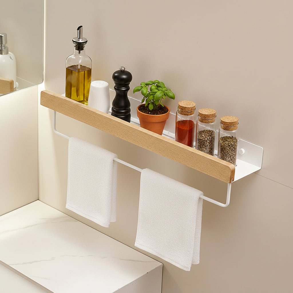 etagere murale cuisine 60 cm métal blanc bois avec barre