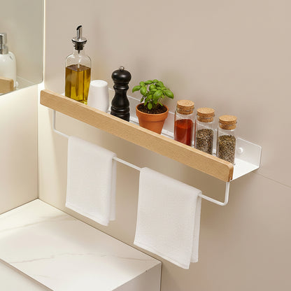 etagere murale cuisine 60 cm métal blanc bois avec barre