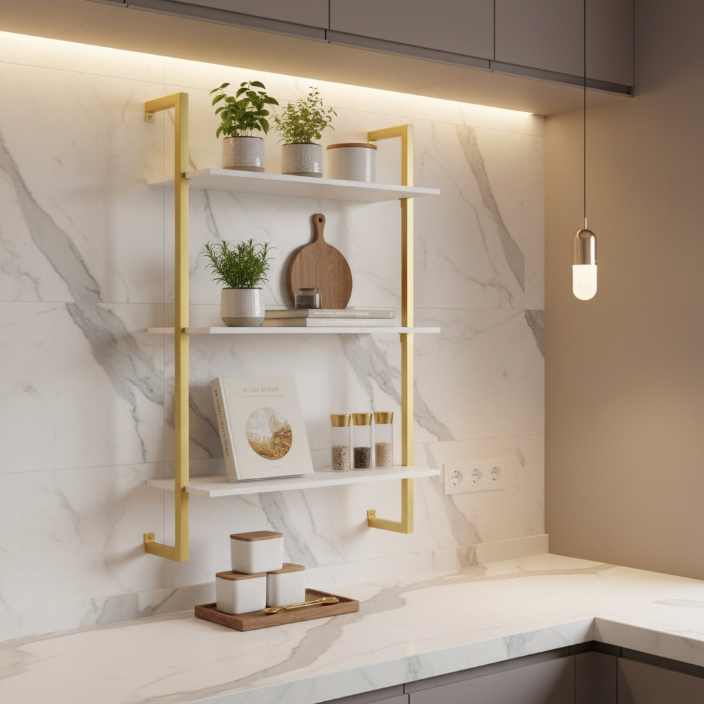 etagère murale cuisine bois blanc fer dore nordique Ordena Nordic
