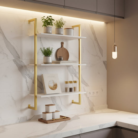 etagère murale cuisine bois blanc fer dore nordique Ordena Nordic