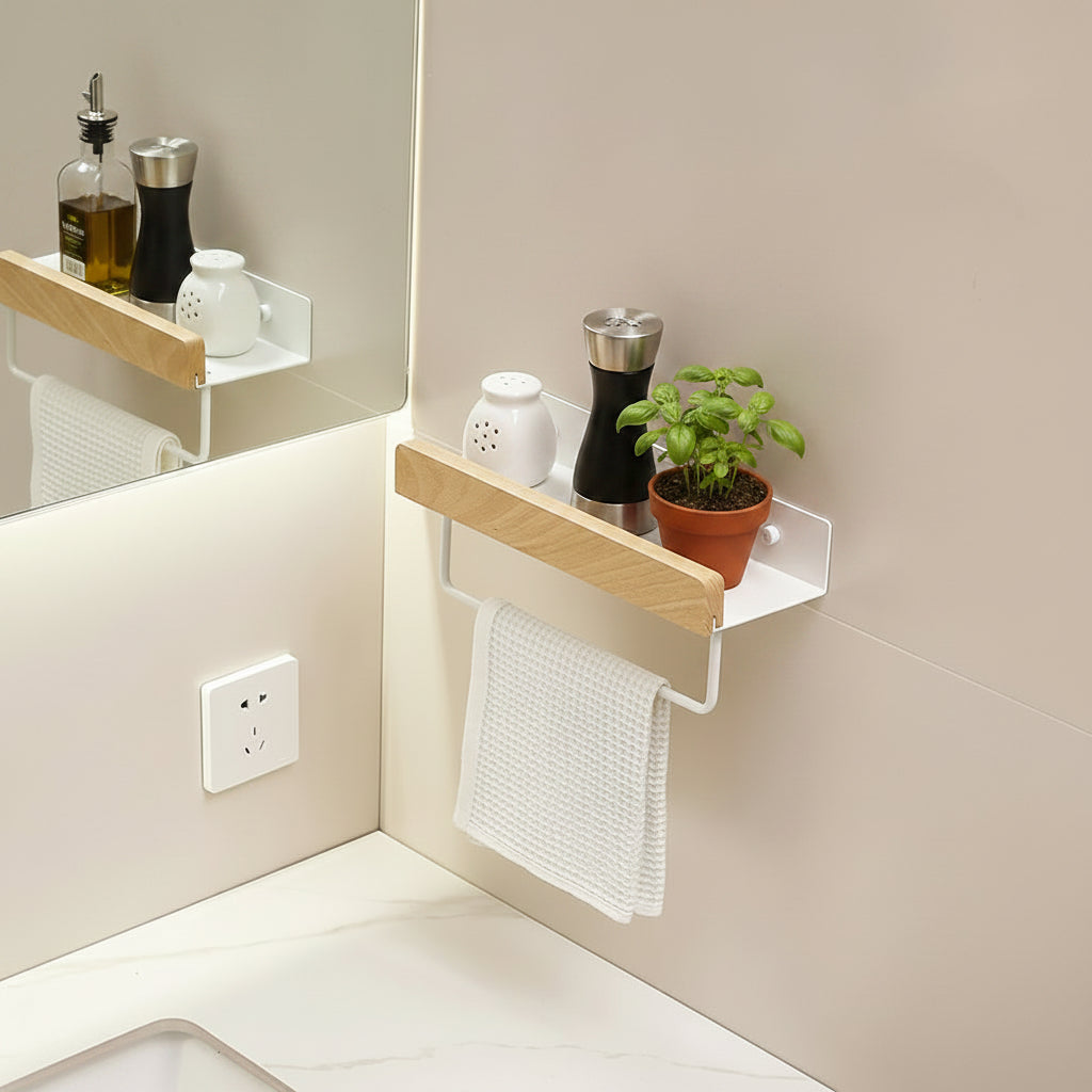 etagere murale pour cuisine 30cm métal blanc bois avec barre