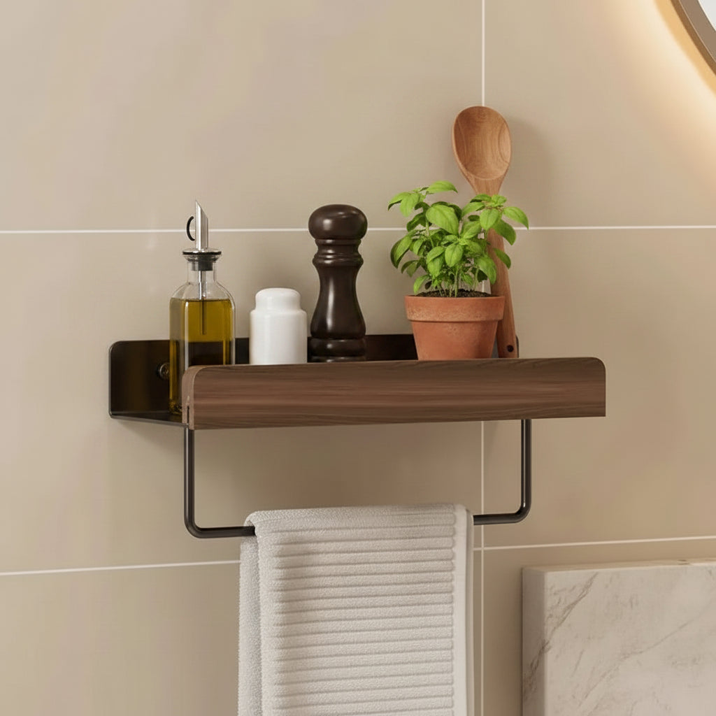 etagere murale pour cuisine 30cm métal noir bois avec barre