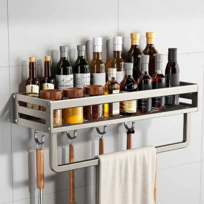 etagere murale pour epices grise avec crochets barre serviette 40cm