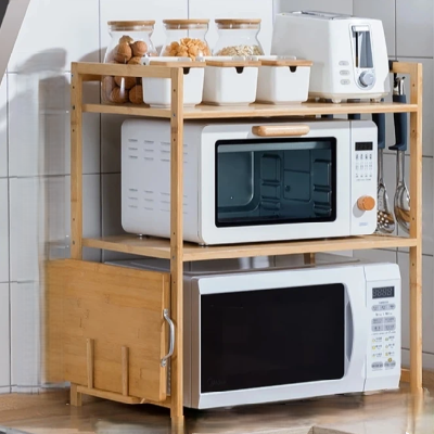 etagere pour micro onde bois naturel version double avec 4crochets