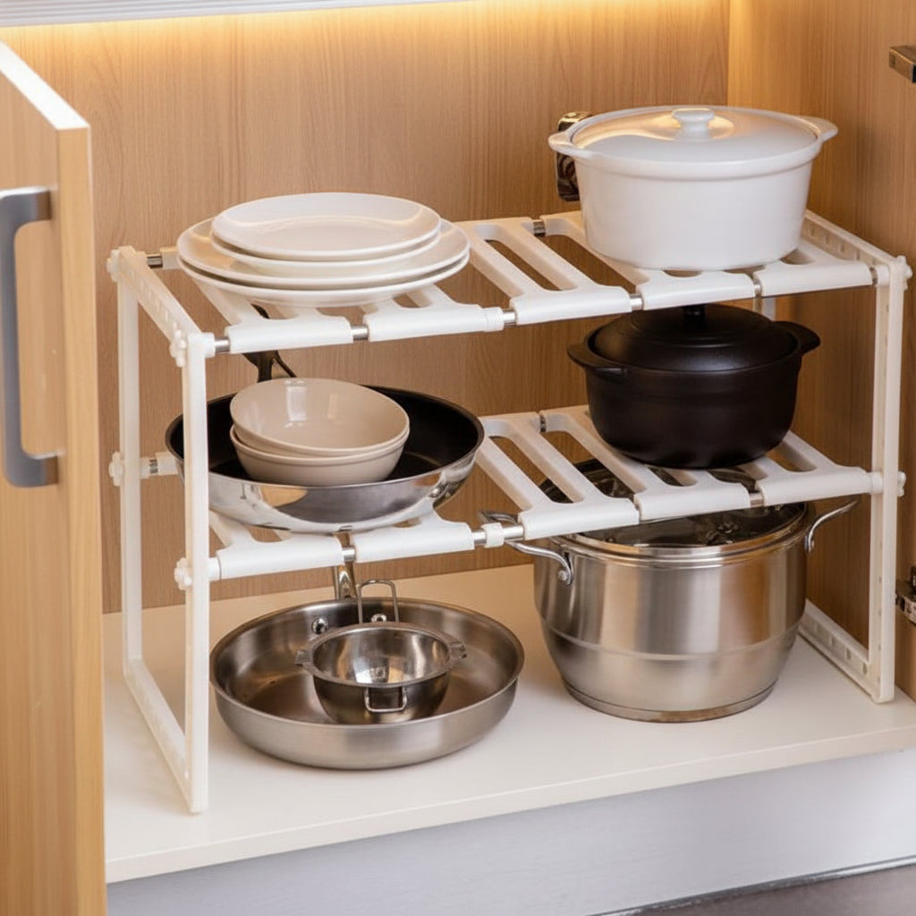 étagère rétractable ajustable 40-68cm 3 niveaux modulable SlideStore Blanc