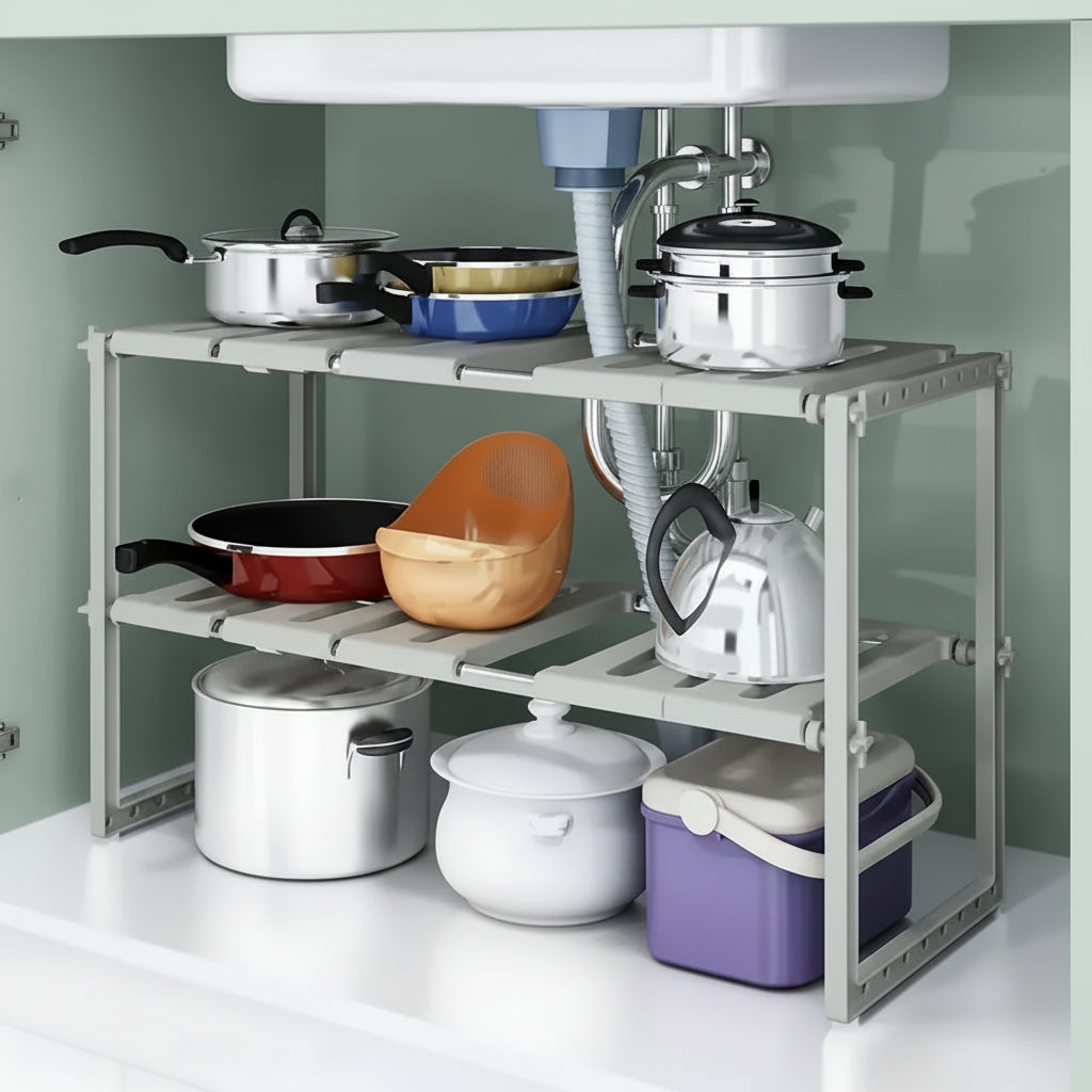 Etagere sous evier planche mobile contourne tuyauterie SlideStore Gris