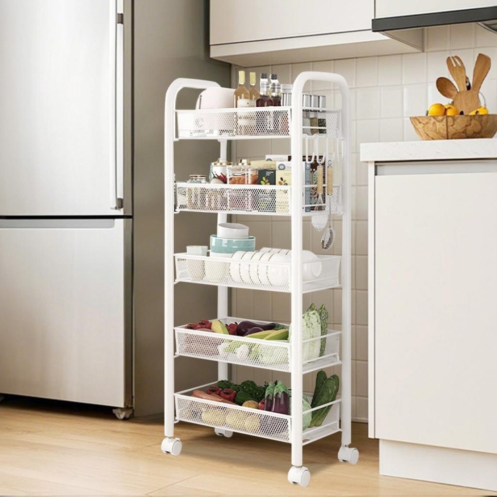 etagere sur roulette blanche décoration cuisine nordique Orgenza 5 niveaux