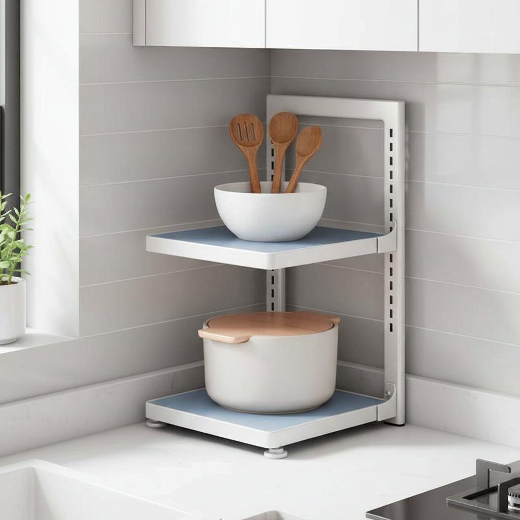 étagère surélevée cuisine 2 niveaux simple blanc bleu KitchenMax Blue