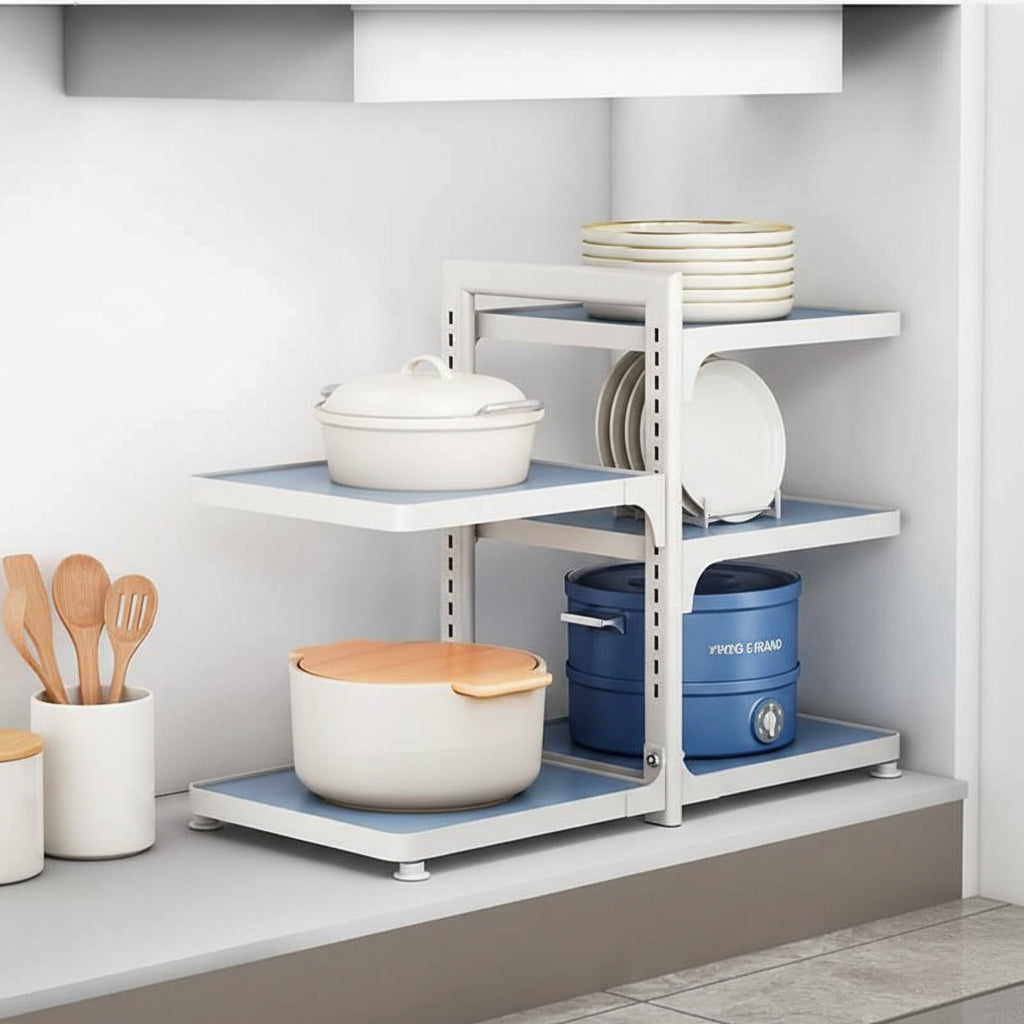 étagère surélevée cuisine 3 niveaux double blanc bleu KitchenMax Blue