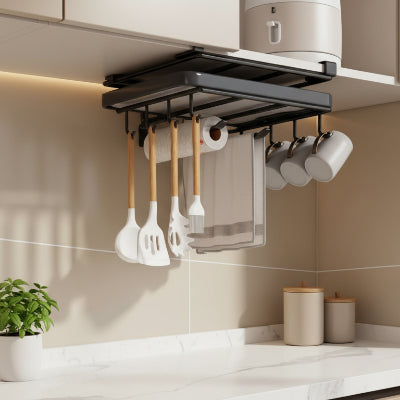 etagere suspendue cuisine sans perçage noir avec crochets un niveau